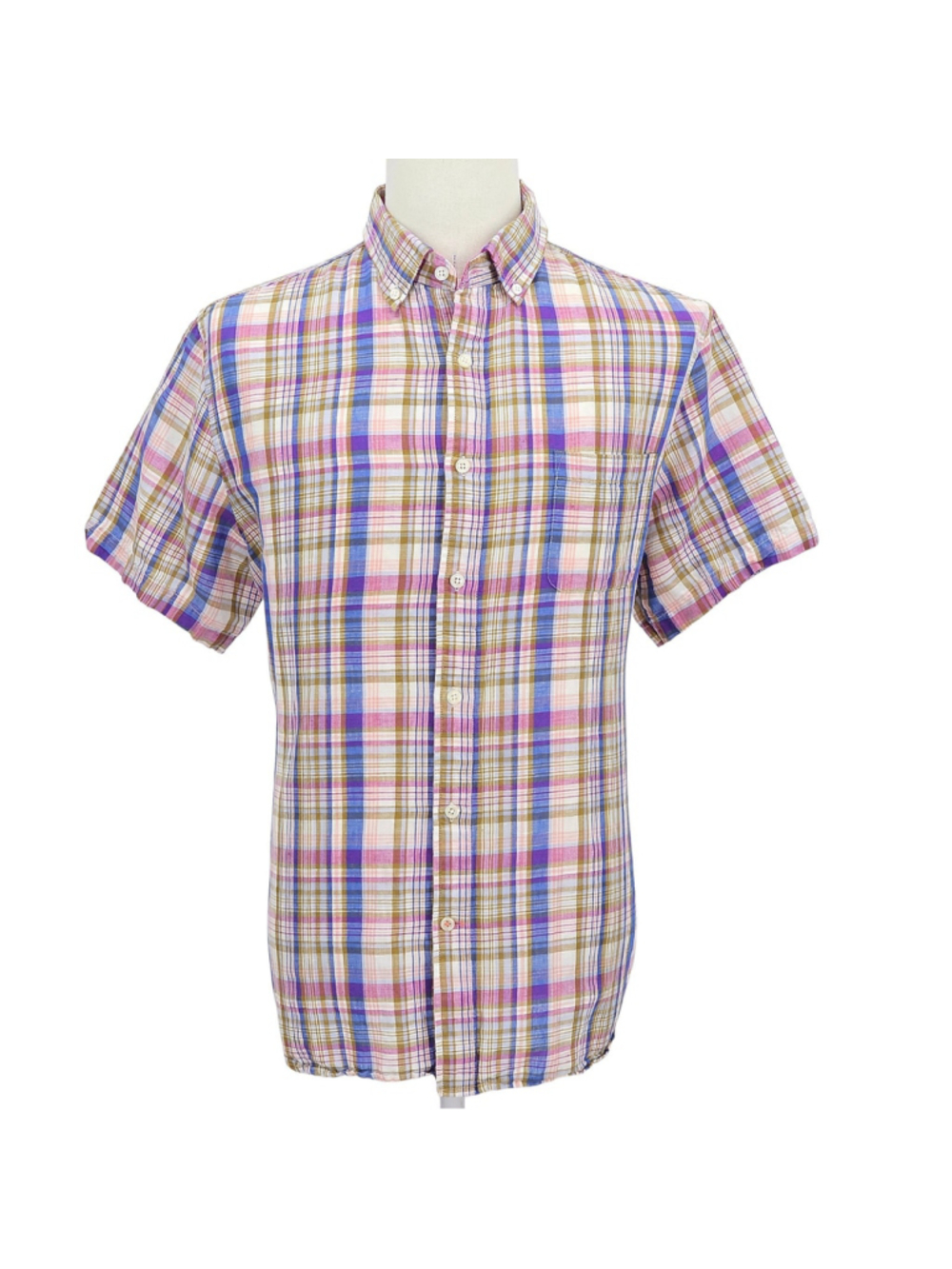 Resort Linen Cotton Shirt Hickey Freeman XL Plaid Short Sleeve Summer